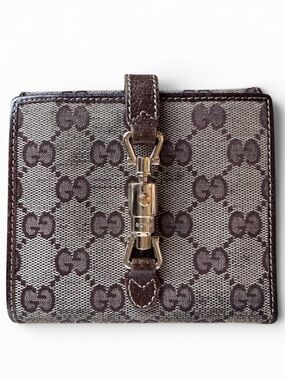Gucci GG Canvas Jackie French Wallet Brown Leather Trim Made in Italy